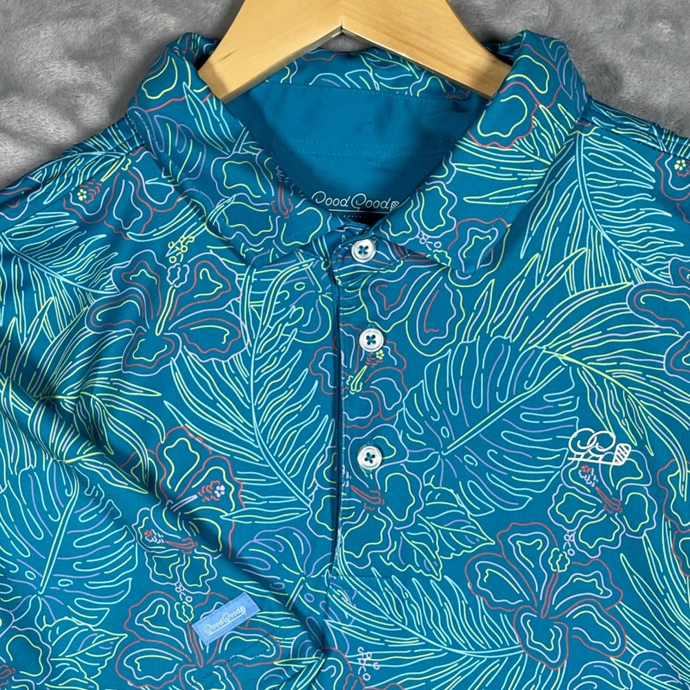 Good Good Golf Mens 2XL Teal Neon Tropical Floral Performance Polo Shirt SS